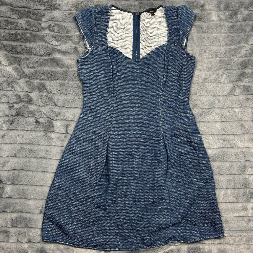 Guess Blue Tweed Metallic Gold Zip Front Fit Flare Dress W3FK1ZW0VA0 Womens 8